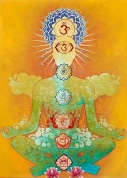 A person sitting in meditation with the chakras illuminated, representing the flow of prana - the essence of vata dosha. 