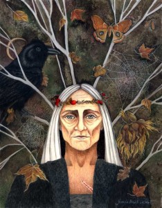 Crone elder woman with a crow, moth, spider web, falling leaves, a crescent moon and bare tree representing the vata dosha time of life. 
