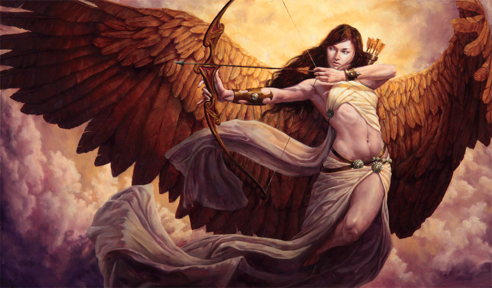 Goddess Artemis aiming her arrow with strength and precision, representing pitta dosha. 