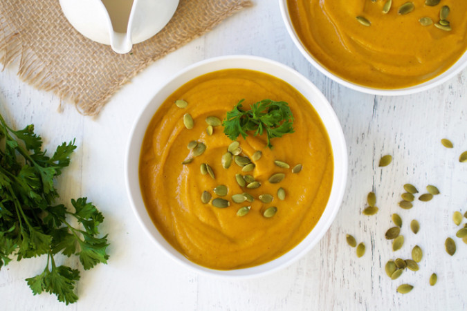 A bowl of creamy butternut squash soup for a vata balancing diet. 